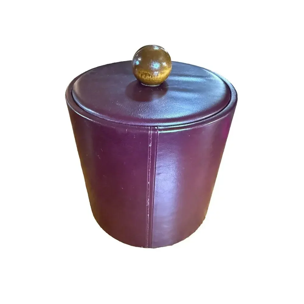 Vintage Kraftware NYC Burgundy Faux Leather Ice Bucket Wood Knob MCM Barware